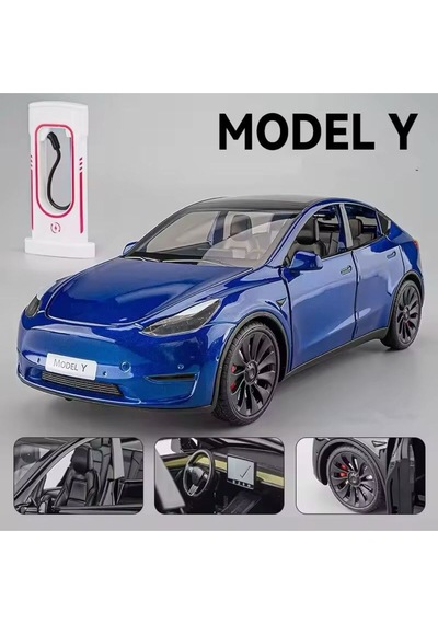 Tesla Model Y Diecast Model Araba 1:24 Diecast Döküm Tesla Yeni Model Sesli Işıklı Şarj İstasyonlu