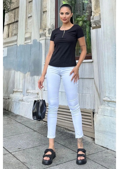 Kadın Siyah Kısa Kol, Fermuar Yaka Detaylı, Fitilli Terletmez Kumaş, Rahat Bluz, Tshirt SIYAH