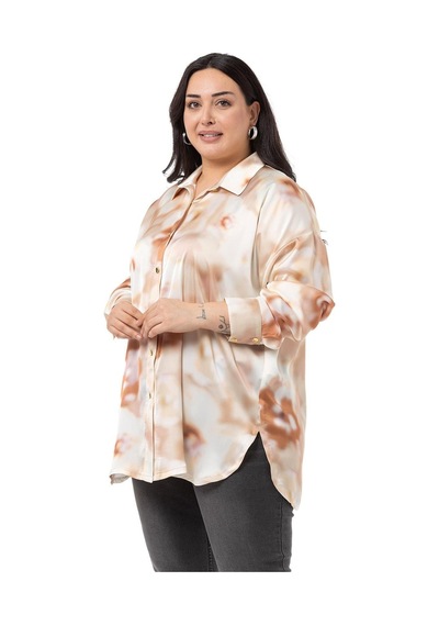 Disentis Büyük Beden Batik Çiçek Desenli Saten Bej Rengi Gömlek-bej Bej