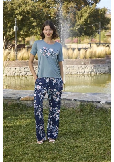 Ang Butik Kadın Çiçek Ve Yaprak Desenli Ve Baskılı Pijama Takımı Yeşil