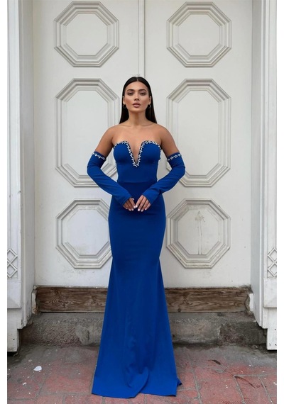 DefyModa Kadın Krep Kumaş V Yaka Balık Kesim Abiye Elbise Saks