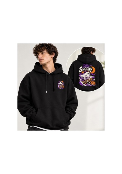 Gıovera Spooky Premium Erkek Oversize Kapüşonlu Sweatshirt %100 Pamuk Hayalet Baskılı Siyah