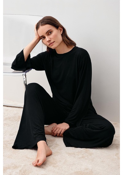 Uzun Kollu Oversize Basic Likralı Viskoz Alt Üst Takım 20210 Siyah