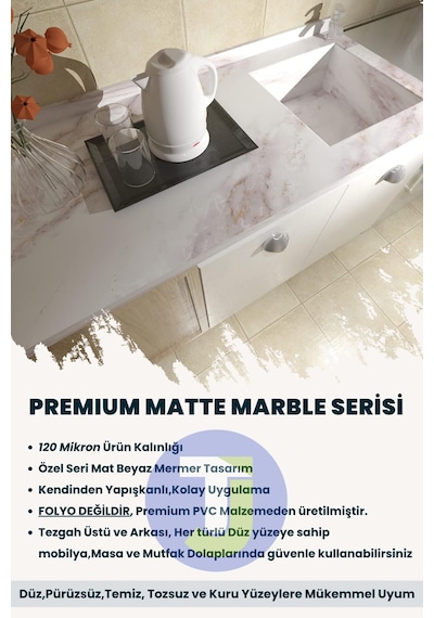 Technojet Kendinden Yapışkanlı Mermer Desen Folyo Mutfak Banyo Tezgah Duvar Kaplama 60cmx100cm Beyaz2
