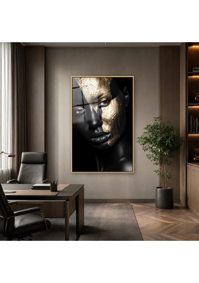 Altın Desenli Yüzlü Siyah Kadın Gold Çerçeveli Cam Tablo