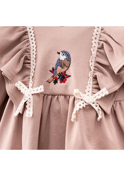 Kuş Nakışlı Kız Bebek Elbise Vizon