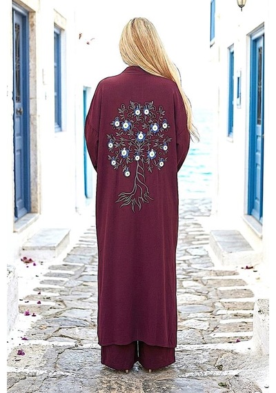 Genel Bordo Mavi Boncuk Kimono Pantolon Takım