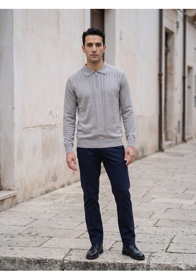 Maccali Erkek Gri Omuz Panelli Fermuarlı Polo Yaka Triko Kazak