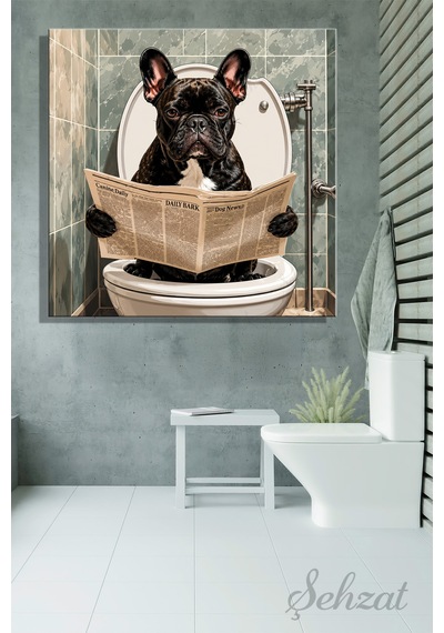 Kare Kanvas Duvar Tablosu Banyo Koridor Kafe Veteriner Ofis Cafe Tuvalette Gazete Okuyan Bulldog Çok Renkli