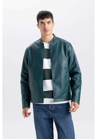 DeFacto Su İtici Slim Fit Dar Kesim Dik Yaka Fermuarlı Suni Deri Mont D8525AX25SPGN919