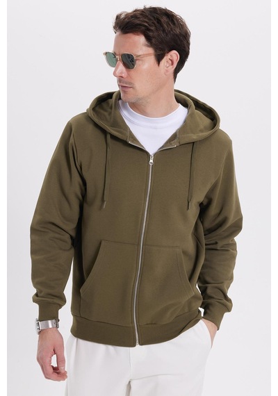 Tudors Unisex Relax Fit Rahat Kesim Pamuklu İçi Polarlı Çift Cepli Tam Fermuarlı Haki Kapüşonlu Sweatshirt-41651 Kahverengi