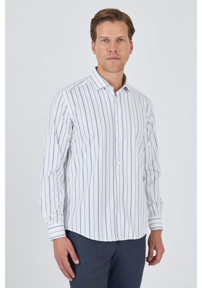 İmza Uzun Kol Çizgili Desen Bez Ayağı İtalyan Yaka Cepsiz Esnek Classic Slim Fit Gömlek 1004250203 Beyaz