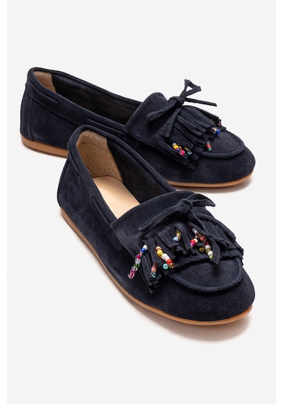 Luvishoes Evelyn Lacivert Süet Hakiki Deri Püsküllü Boncuklu Kadın Loafer Ayakkabı