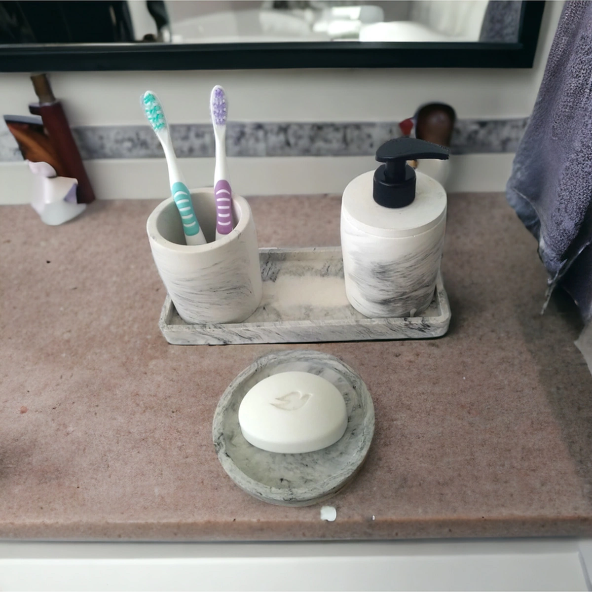 Marble 4'lü Banyo Seti, Sıvı Sabunluk Diş Fırçalığı Beton Aksesuar Takım Gri