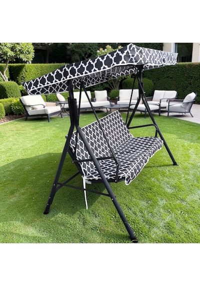 Salıncak Minderi Lüks Kılıf Seti Gölgelikli Karaçatı Desenli 130x45 2 Kişilik Siyah - Beyaz Salıncak Minderi Lüks Kılıf Seti Gölgelikli Karaçatı Desenli 130x45 2 Kişilik Siyah - Beyaz