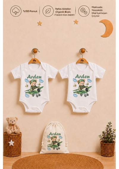 Pia Baby İsme Özel Erkek Bebek Hediyesi 2'li %100 Pamuk Organik Baskılı Çıtçıtlı Body Zıbın Ve Ham Bez Kıyafet Kesesi 1014b2kyx Krem