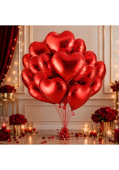 Vıp Kalite 46 Cm Şişer 16 Adet Parlak Metalik Kırmızı Kalpli Folyo Balon Kırmızı Kalpli Balon 46 Cm