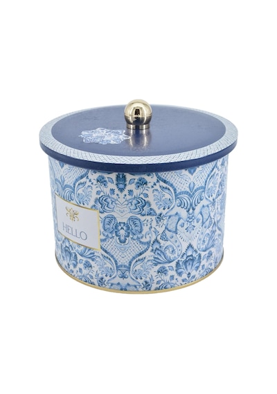 Azulejos Desenli Yuvarlak Metal Saklama Kabı 14 Cm, Erzak Kabı - Organizer Kutu 17,5 Cm X 13 Cm Azulejos Hello