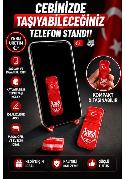 Türk Bayraklı Bozkurt Desenli Katlanabilir Cep Telefonu Standı Taşınabilir Masaüstü Telefon Tutucu