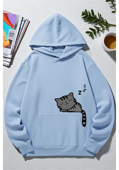 Uyguntarz Unisex Uyuyan Kedi Baskılı Kapüşonlu Sweatshirt Bebe Mavisi