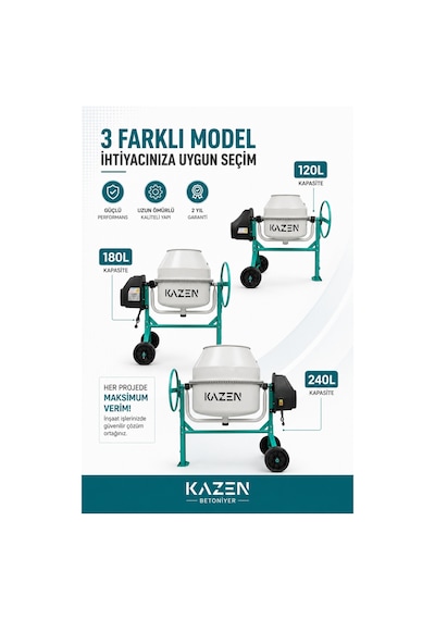 Kazen 180 Litre - Orta Boy Betoniyer Beton Mikser Beton Harç Yem Tohum Karma Makinesi - 3. Nesil