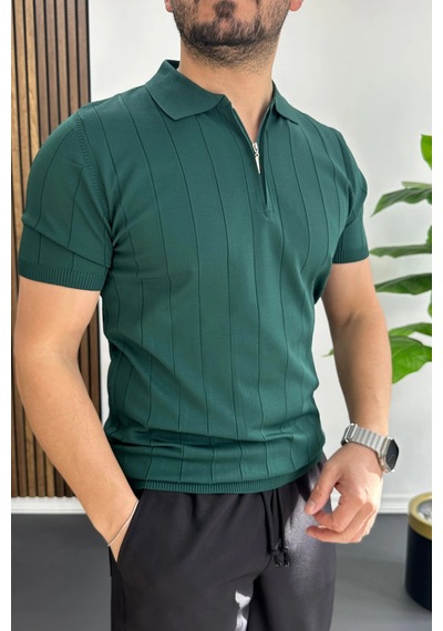 Erkek Slim Fit Fermuarlı Polo Yaka Tişört Yeşil Edw452 Yeşil