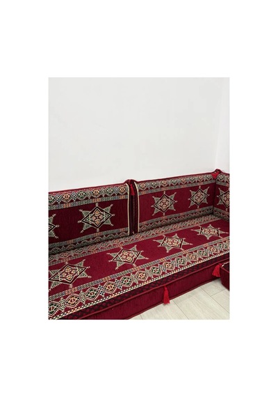 Yıldız Modeli Bordo Otantik Şark Köşesi Takımı L Set - Geleneksel Yer Minderi Seti 10 Cm Minder Kalınlığı 9 Parça