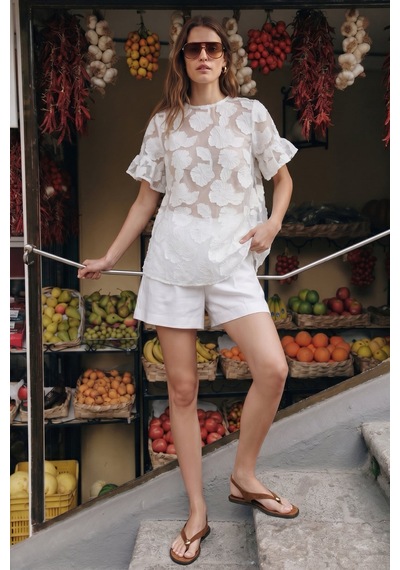 Sateen Dokulu Kısa Kollu Bluz - Ekru-137450