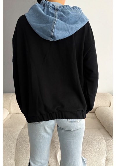 Femelle Kot Garnili Kapüşonlu Tasarım Sweatshirt siyah