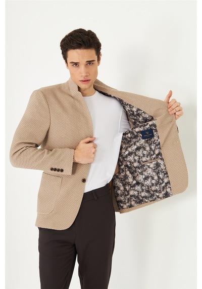 Bej Dokulu Modern Kesim Düğmeli Blazer Ceket Vizon
