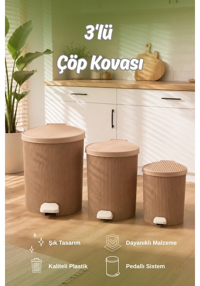 Porsima 0709-2 Stil 3lü Yuvarlak Pedallı İçi Kovalı Çöp Kovası Seti - Banyo Mutfak Çöp Kovası Takımı Mokka Açık Kahverengi