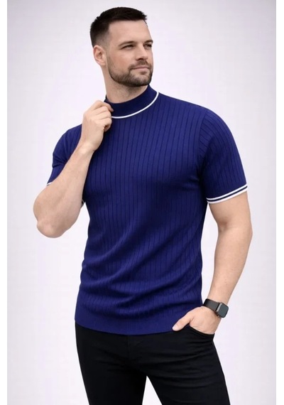 Suma Erkek Fitilli Triko Dokuma Kısa Kol Tişört Yarım Boğaz Modern Yazlık T-shirt - Lacivert
