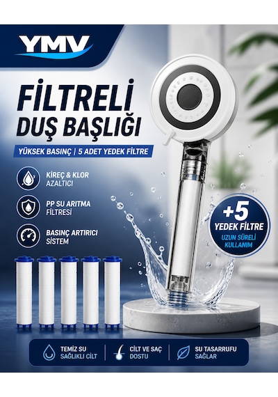 Ymv Filtreli Duş Başlığı Yüksek Basınçlı Banyo Başlığı Kireç Ve Klor Azaltıcı 5 Yedek Filtreli Su Tasarruflu Krom
