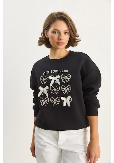 Shade Kadın Fiyonk Nakışlı Kurdele Aksesuarlı Üç İplik Şardonlu Sweatshirt 60601048 - Siyah