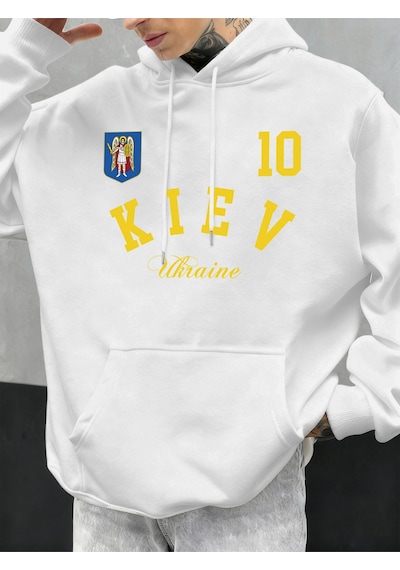 Startmore Startmorekiev Ukrayna Baskılı Erkekler Hoodie Sonbahar Gevşek Giysiler Cep Hip Hop Kazak Polar Rahat M Beyaz