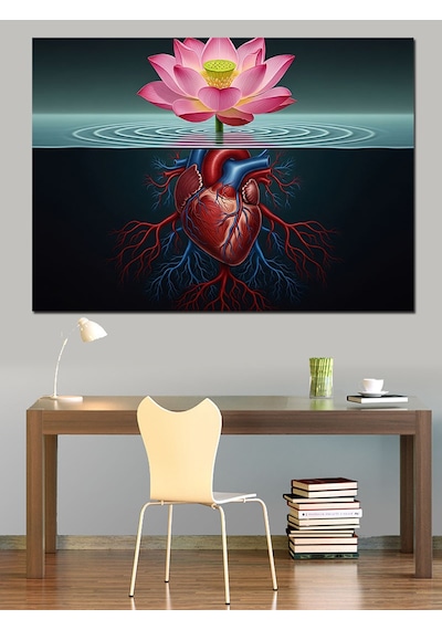 Lotus Çiçeği Ve Kalp Dekoratif Kanvas - Mdf Ahşap Tablo