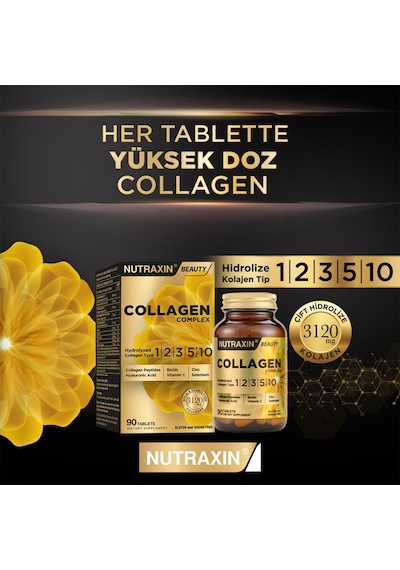 Collagen Complex Tablet 5 Tip Kolajen Tip I, Iı, Iıı, V, X + Hyalüronik Asit, Elastin, C Vitamini Cilt, Saç Ve Tırnak Desteği Şeker Ve Gluten İçermez 90 Tablet 2 Paketi