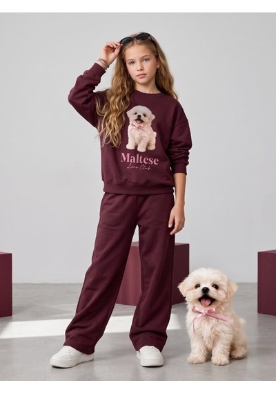 Zekids Kız Çocuk Pamuklu Köpek Baskılı Oversize Tasarım Sweatshirt-16472 Bordo
