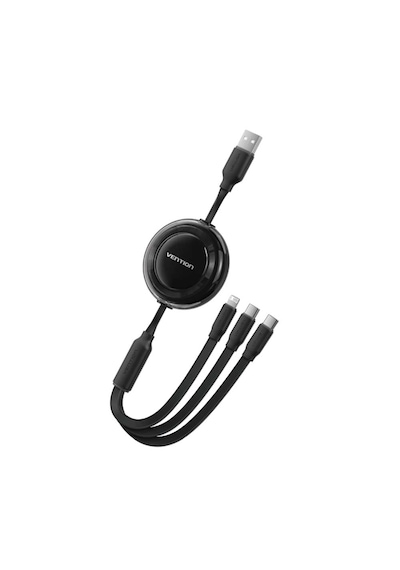 Vention 3'ü 1 Arada Makaralı 2 X Type-c + Lightning 3,5a Hızlı Şarj Kablosu 1,1m - Siyah