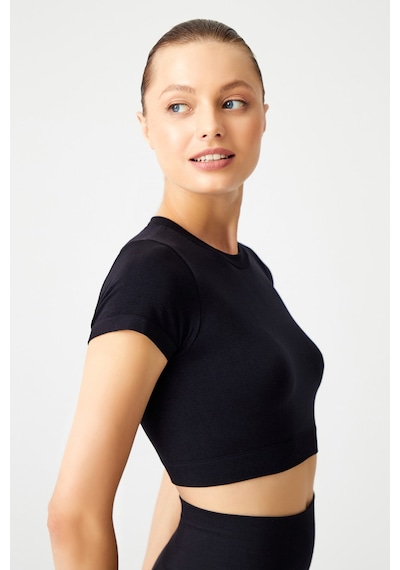 Los Ojos Siyah Seamless Yumuşak Dokulu Spor T-shirt Crop Top Siyah Siyah