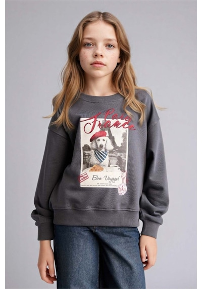 Defacto Relax Fıt Bisiklet Yaka Baskılı Sweatshirt Kız Çocuk E6759a826spar58 Antrasit-ar58