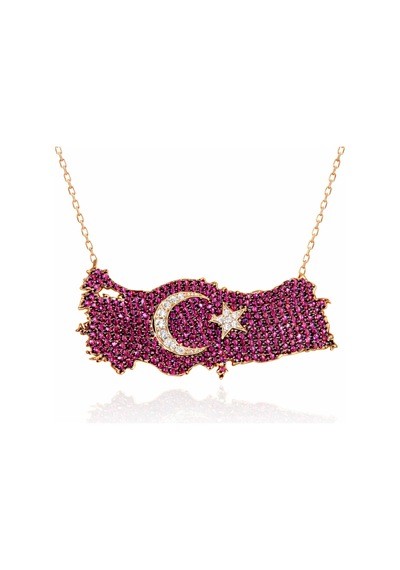 Gümüş Rose Ay Yıldız Türkiye Haritası Kadın Kolye - Renk: Gümüş