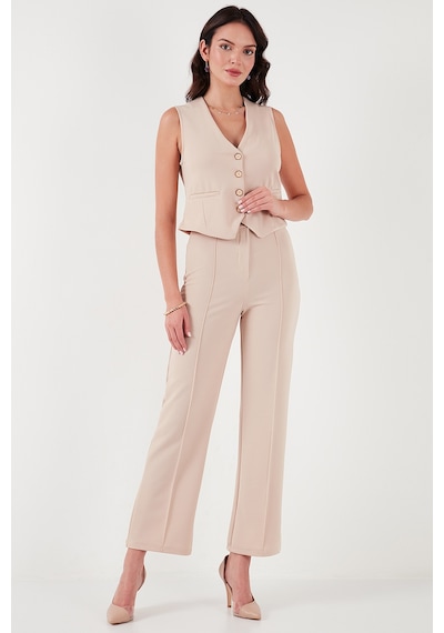 Lela Standart Fit Çimalı Yüksek Bel Düz Paça Bayan Pantolon 5865972 Taş