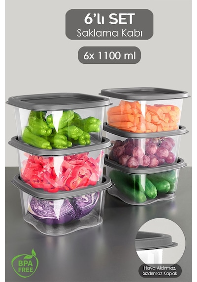 Meleni Home Kare Erzak Gıda Saklama Kabı Mikrodalga Derin Dondurucu Saklama Kabı Antrasit 6 Adet 1100 ML Gri