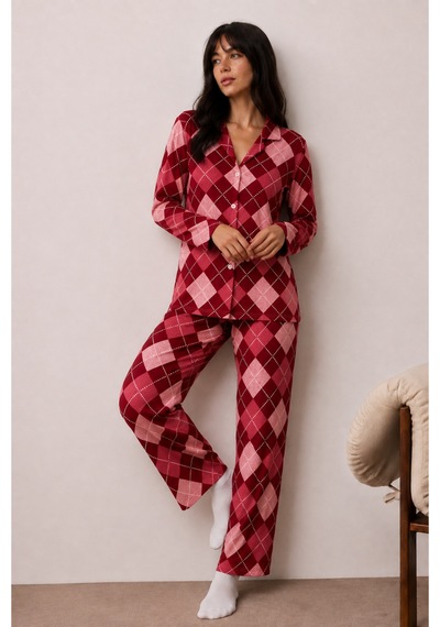 Kadın Düğmeli Kışlık Ev Kırmızı Pijama Takımı