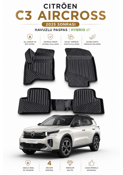 Citroën C3 Aircross 2025 Sonrası Hybrid Uyumlu 3d Tpe Kauçuk Oto Paspas Havuzlu Araca Özel Premium Kalite