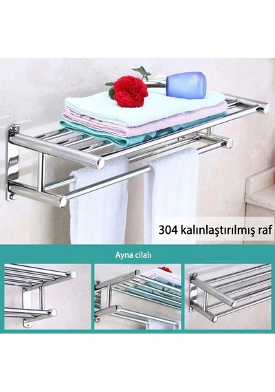 Raflı Havluluk Çift Katlı Model 60 Cm Ss304 Paslanmaz Çelik Renk Parlak Krom