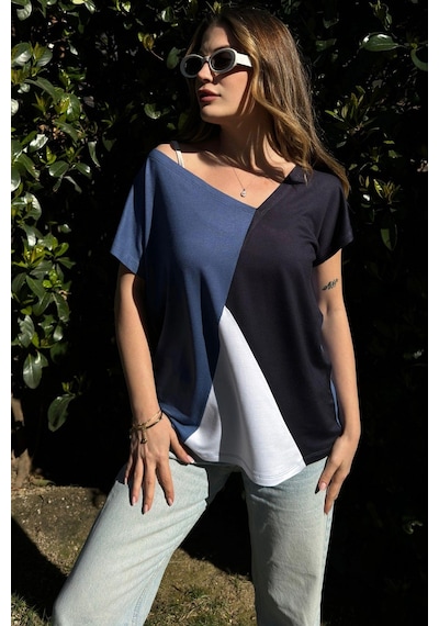 Kadın İndigo, Laci & Beyaz Kısa Kol, Color Block Tasarım, Salaş Bluz Indigo