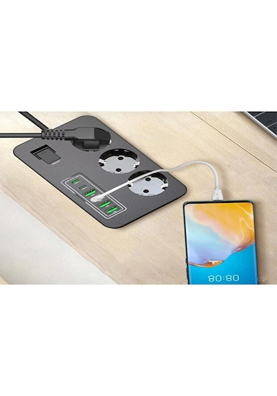 3 Lü Akım Korumalı Grup Priz 4 Usb + 2 Usb-c Çıkışlı, 2 Metre Kablolu, Çocuk Korumalı, Açma Kapama Anahtarlı 2 M