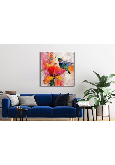 Yağlı Boya Dokulu Tablo Modern Renkli Sinek Kuşu Siyah Çerçeveli U04030-178944